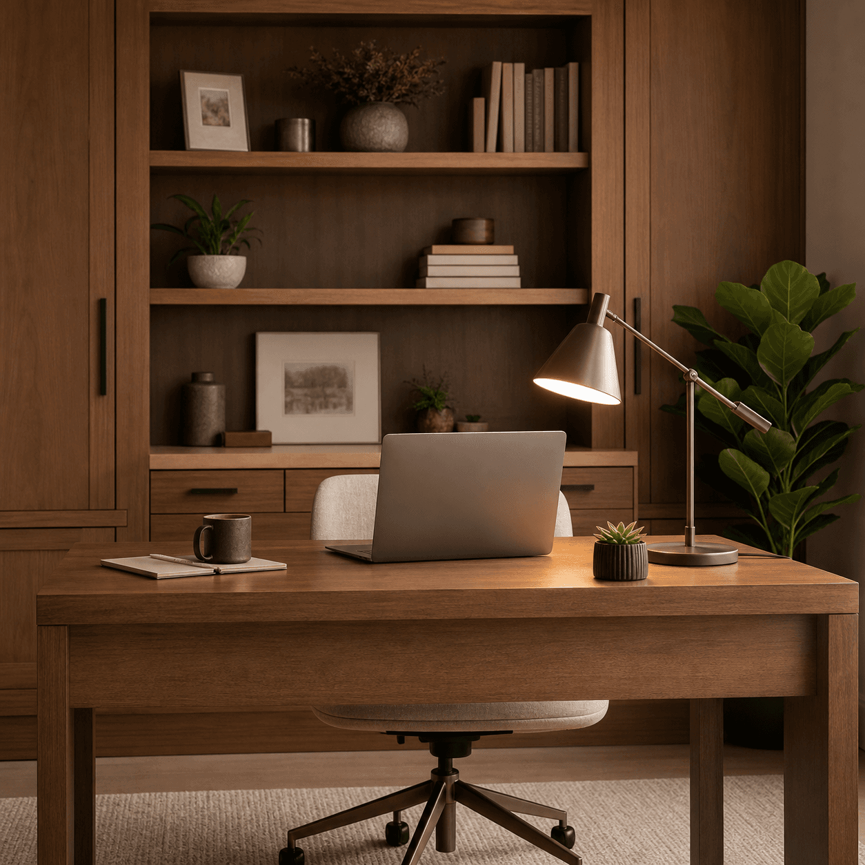 A sophisticated home office desk with a laptop, lamp, and wooden cabinetry.