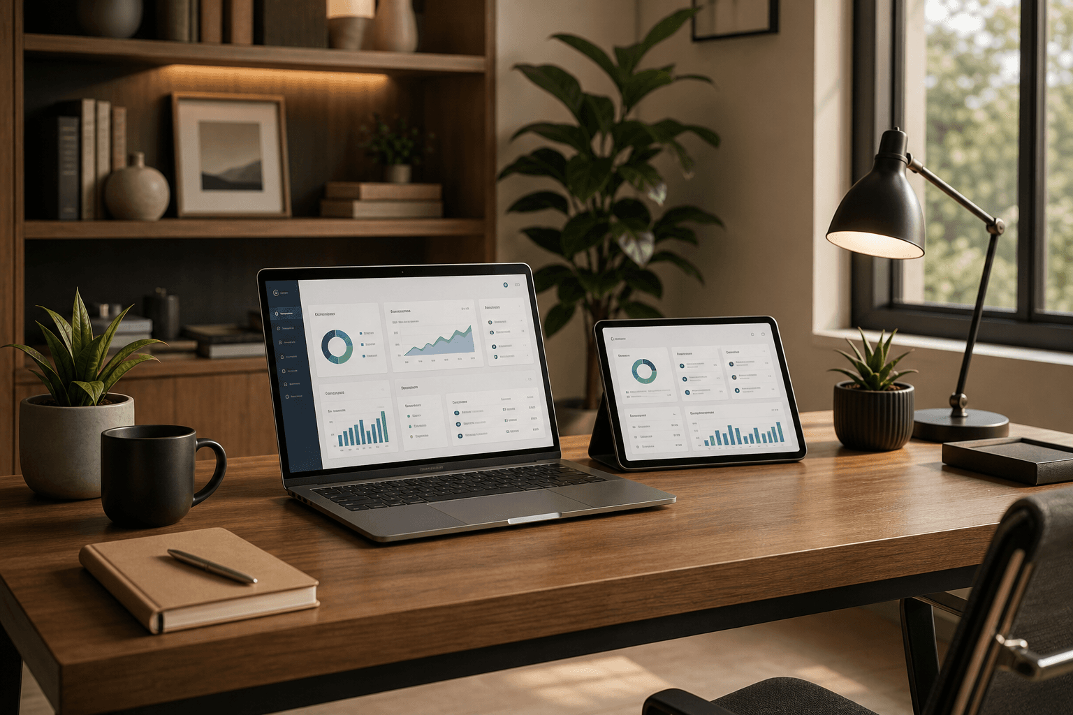 Modern home office with lending dashboards open on devices.